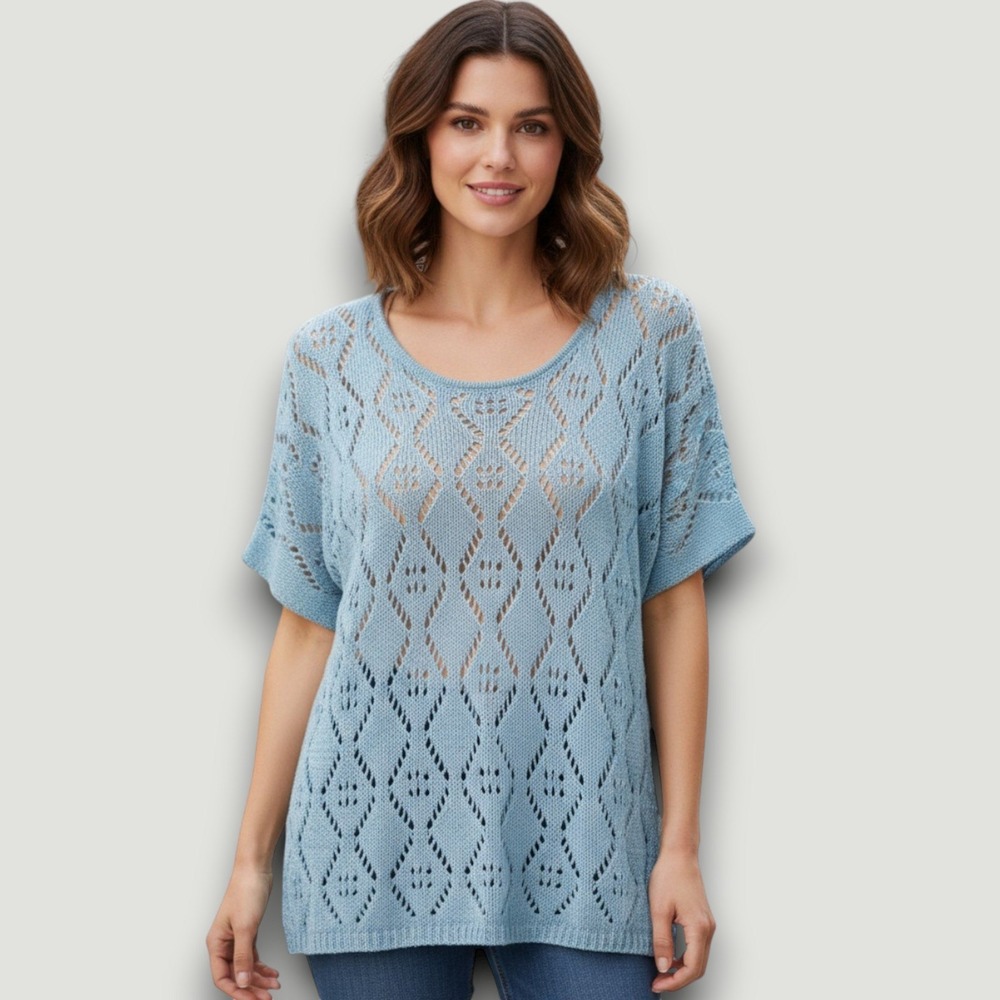 Leo & Nicole Womens Sweater XXL Cotton Crochet  Blue Coastal Boho Casual